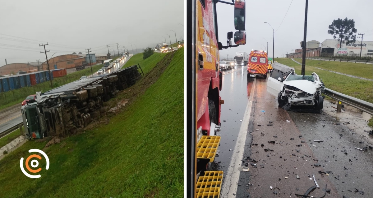 Colisão entre caminhão e carro deixa mulher ferida na BR-116, em Mafra