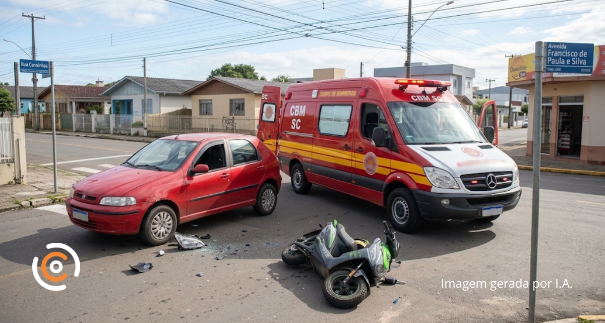 Colisão entre carro e moto elétrica deixa condutor ferido no bairro São Cristóvão, em Três Barras
