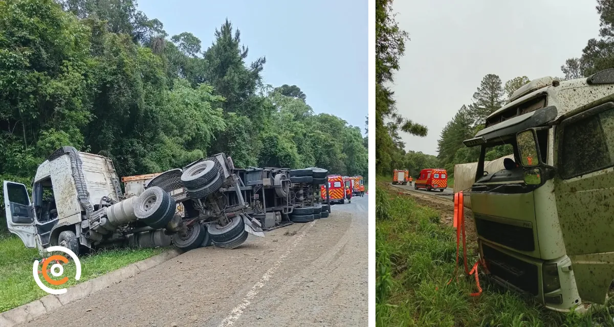 Caminhão tomba na BR-280, em Mafra, e deixa duas pessoas feridas
