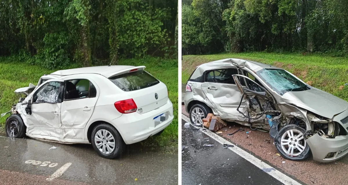 Colisão entre dois carros deixa duas pessoas mortas e uma ferida na BR-116, em Mafra